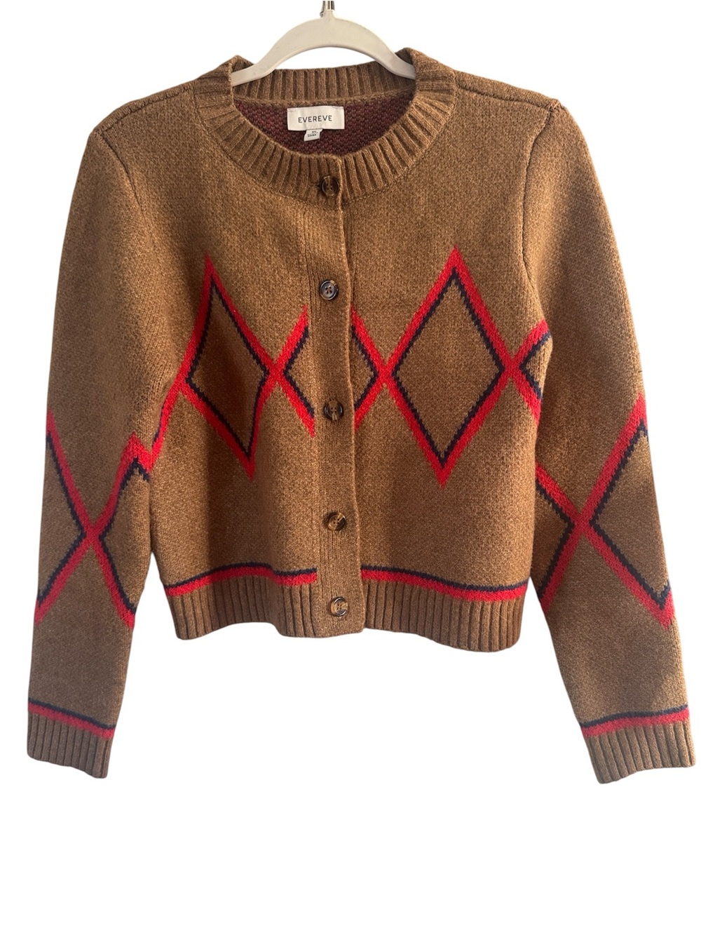 Evereve Camel Knit Argyle Button Cardigan with Red and Navy Trim size XS